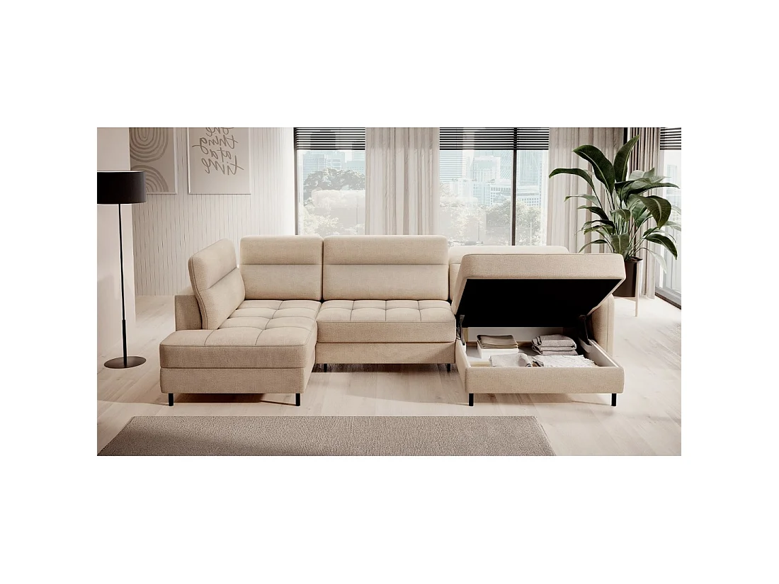 Canapé d'angle convertible BERTHO 306 cm beige crème chenillé – Angle droit avec coffre
