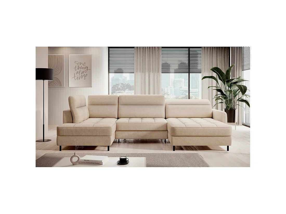 Canapé d'angle convertible BERTHO 306 cm beige crème chenillé – Angle droit avec coffre