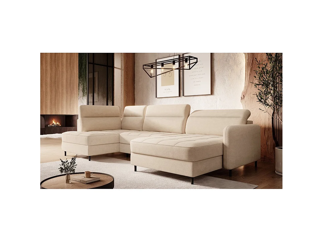 Canapé d'angle convertible BERTHO 306 cm beige crème chenillé – Angle droit avec coffre