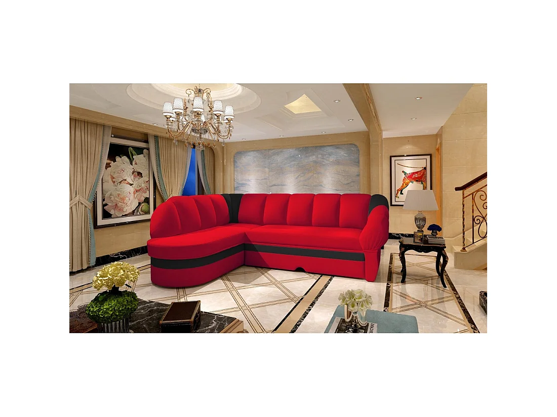 Canapé d'angle gauche convertible BENANA 250 cm rouge et noir avec coffre