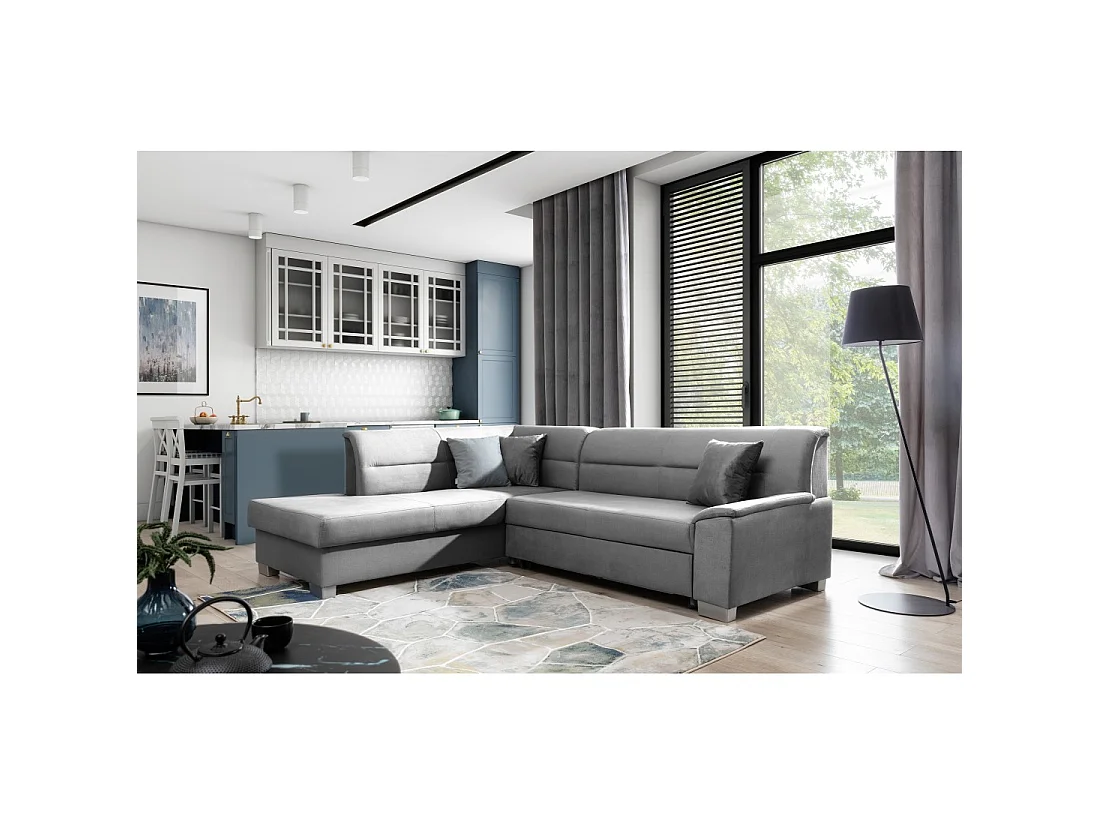 Canapé d'angle convertible TROMSO gris effet velours – Angle gauche avec coffre
