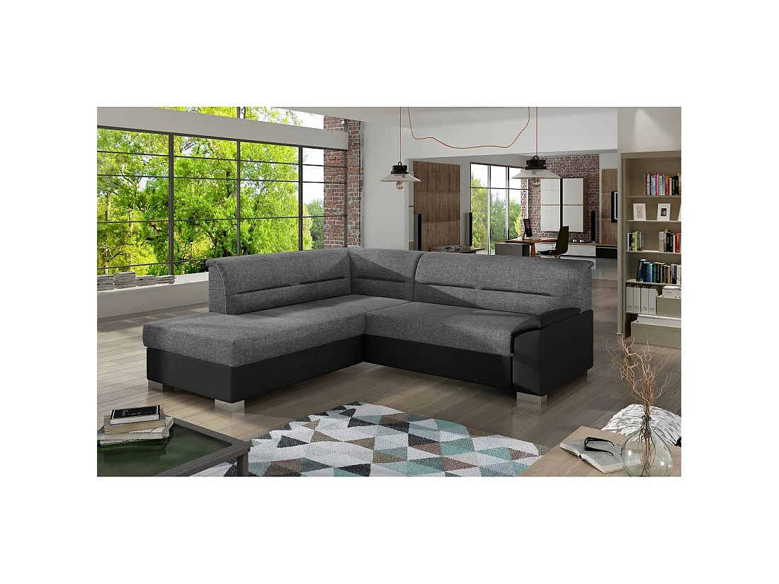 Canapé d'angle convertible TROMSO gris et noir – Angle gauche avec coffre