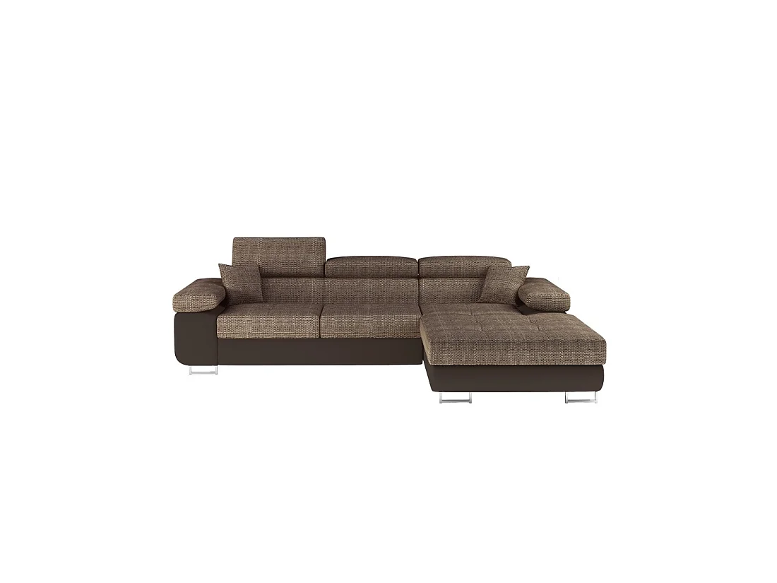 Canapé d'angle convertible AMANDA beige et chocolat – Tissu effet lin – Angle droit