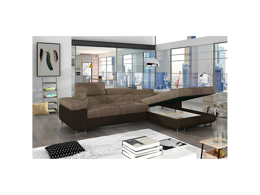 Canapé d'angle convertible AMANDA beige et chocolat – Tissu effet lin – Angle droit