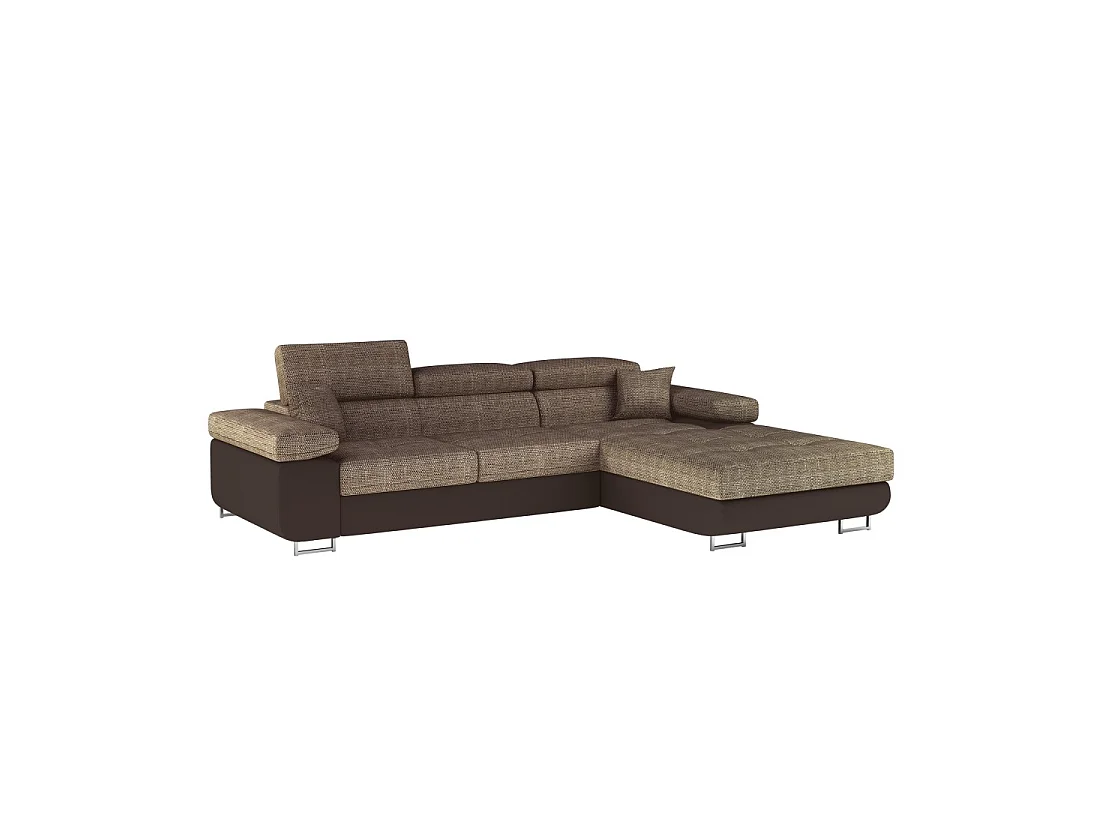 Canapé d'angle convertible AMANDA beige et chocolat – Tissu effet lin – Angle droit