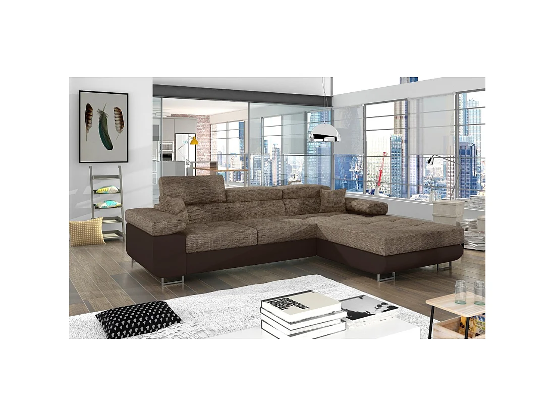Canapé d'angle convertible AMANDA beige et chocolat – Tissu effet lin – Angle droit