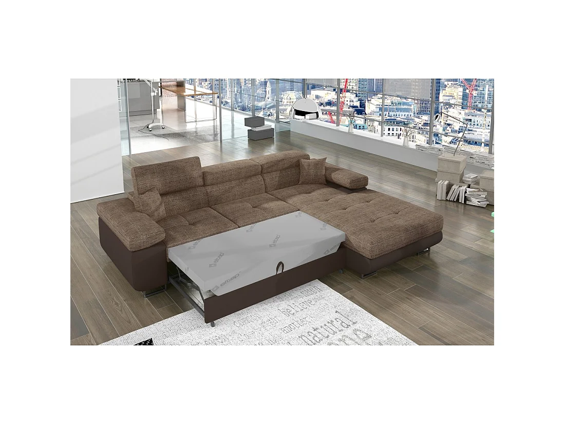 Canapé d'angle convertible AMANDA beige et chocolat – Tissu effet lin – Angle droit