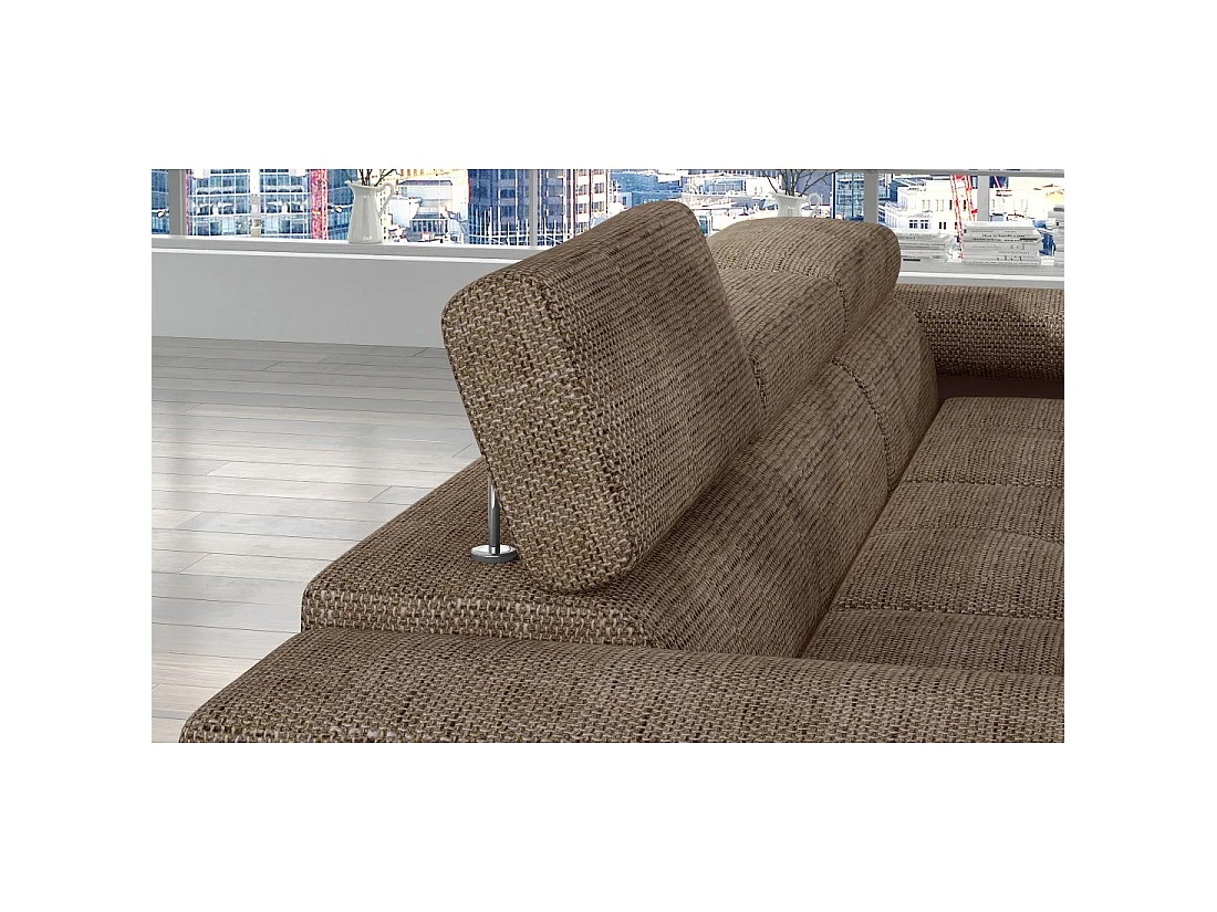 Canapé d'angle convertible AMANDA beige et chocolat – Tissu effet lin – Angle droit