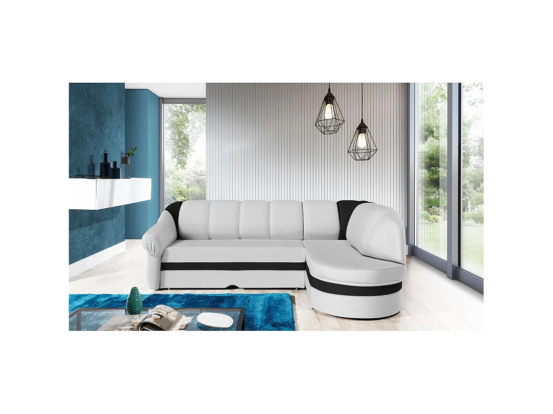 Canapé d'angle droit convertible BENANA 250 cm blanc et noir avec coffre
