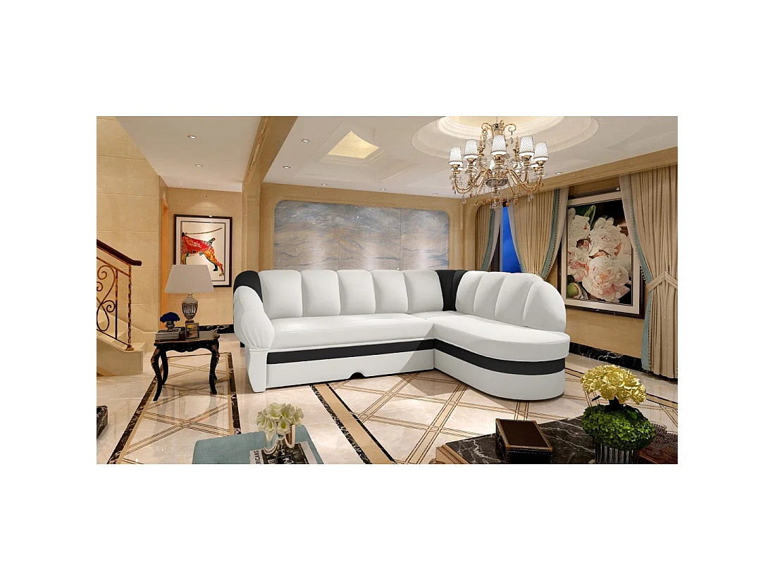 Canapé d'angle droit convertible BENANA 250 cm blanc et noir avec coffre