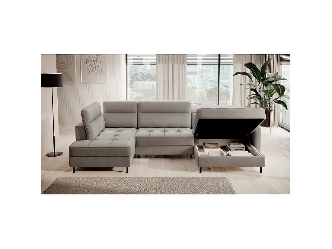 Canapé d'angle convertible BERTHO 306 cm gris clair – Angle droit avec coffre