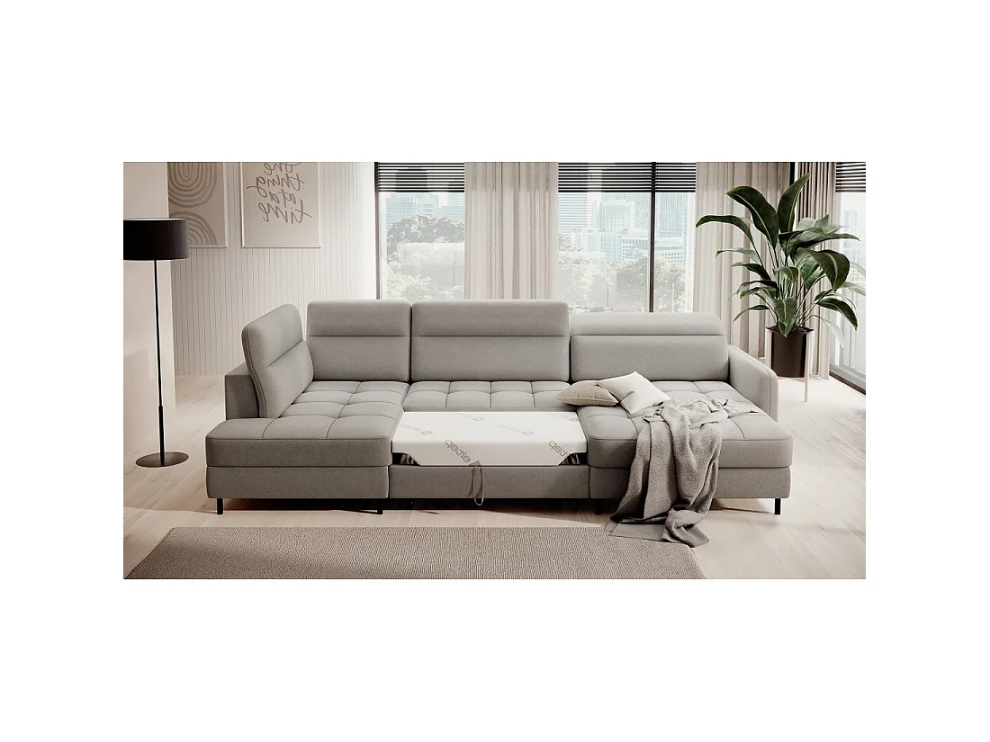 Canapé d'angle convertible BERTHO 306 cm gris clair – Angle droit avec coffre
