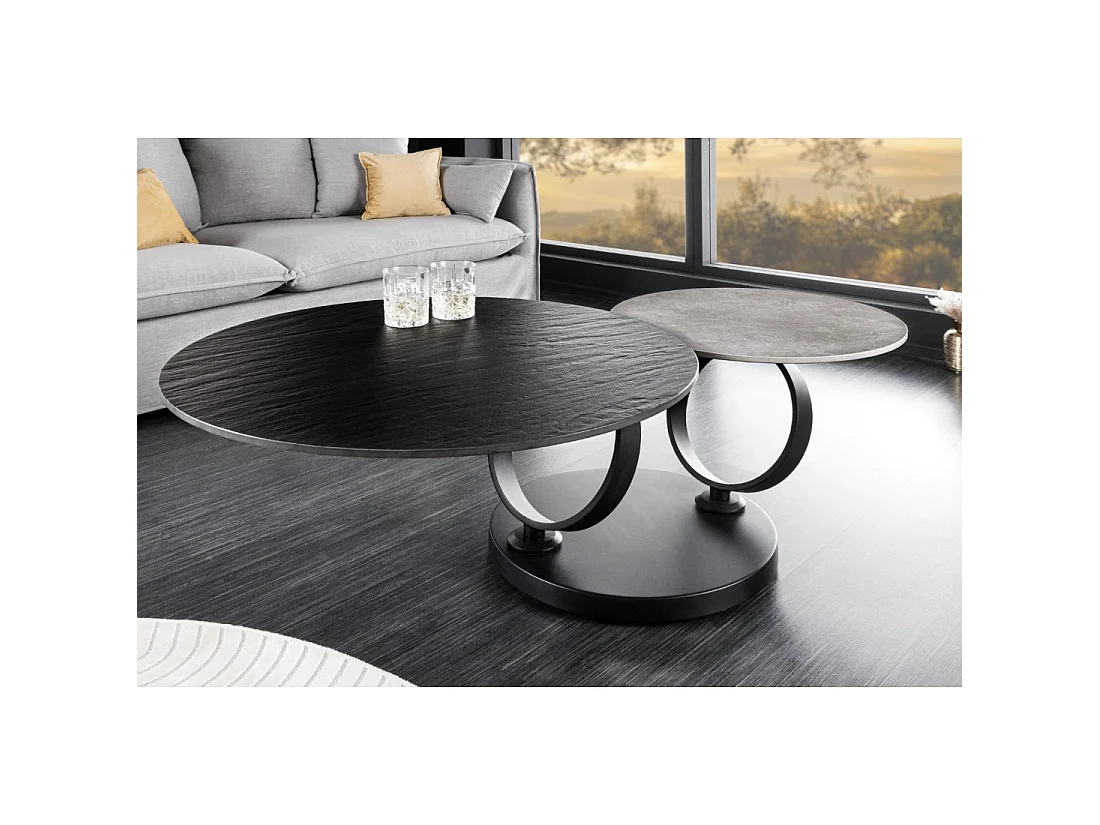 Table basse SOLYNE design 134 cm avec plateaux rotatifs noir texturé et gris effet pierre