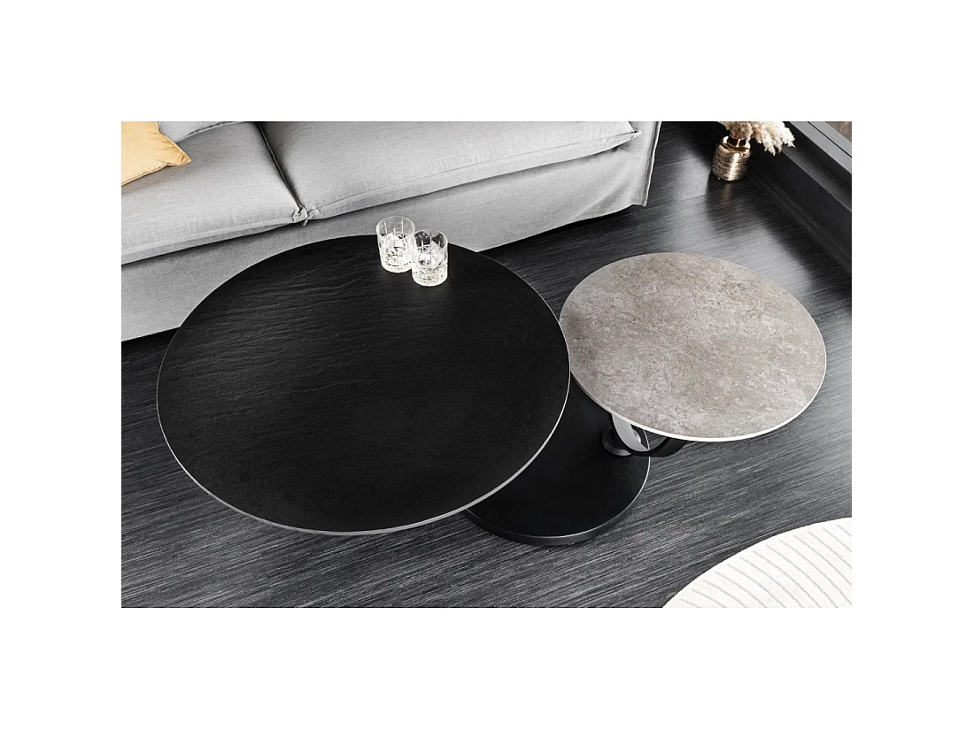 Table basse SOLYNE design 134 cm avec plateaux rotatifs noir texturé et gris effet pierre