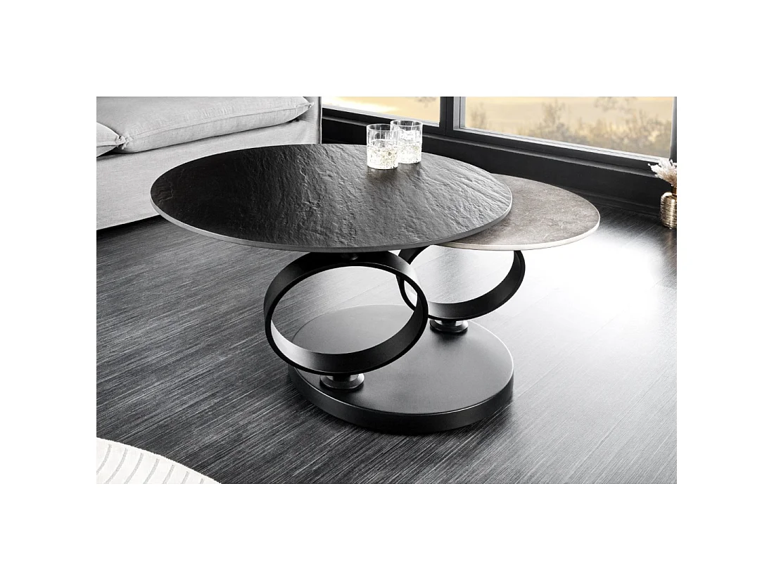 Table basse SOLYNE design 134 cm avec plateaux rotatifs noir texturé et gris effet pierre