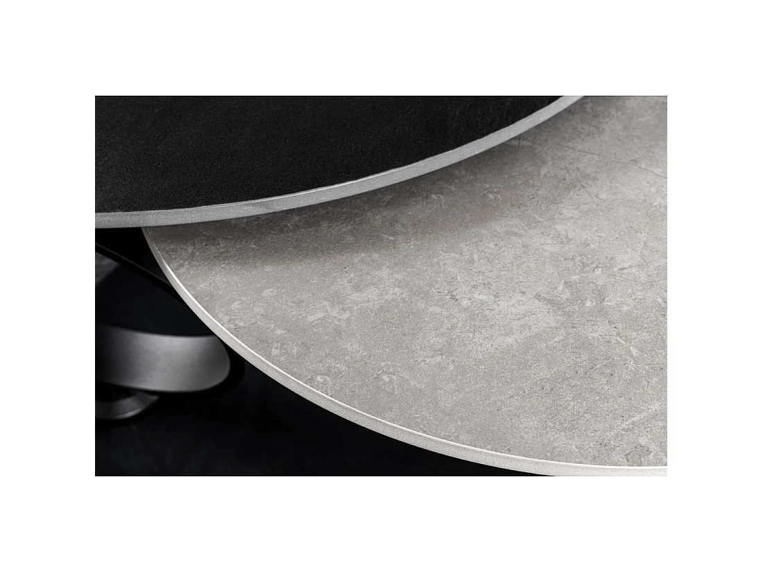Table basse SOLYNE design 134 cm avec plateaux rotatifs noir texturé et gris effet pierre