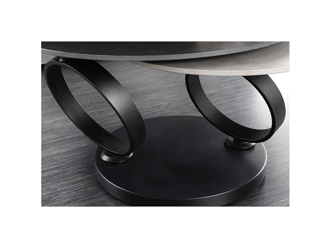 Table basse SOLYNE design 134 cm avec plateaux rotatifs noir texturé et gris effet pierre
