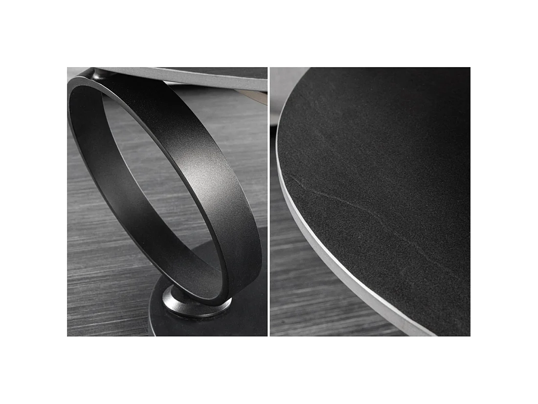 Table basse SOLYNE design 134 cm avec plateaux rotatifs noir texturé et gris effet pierre