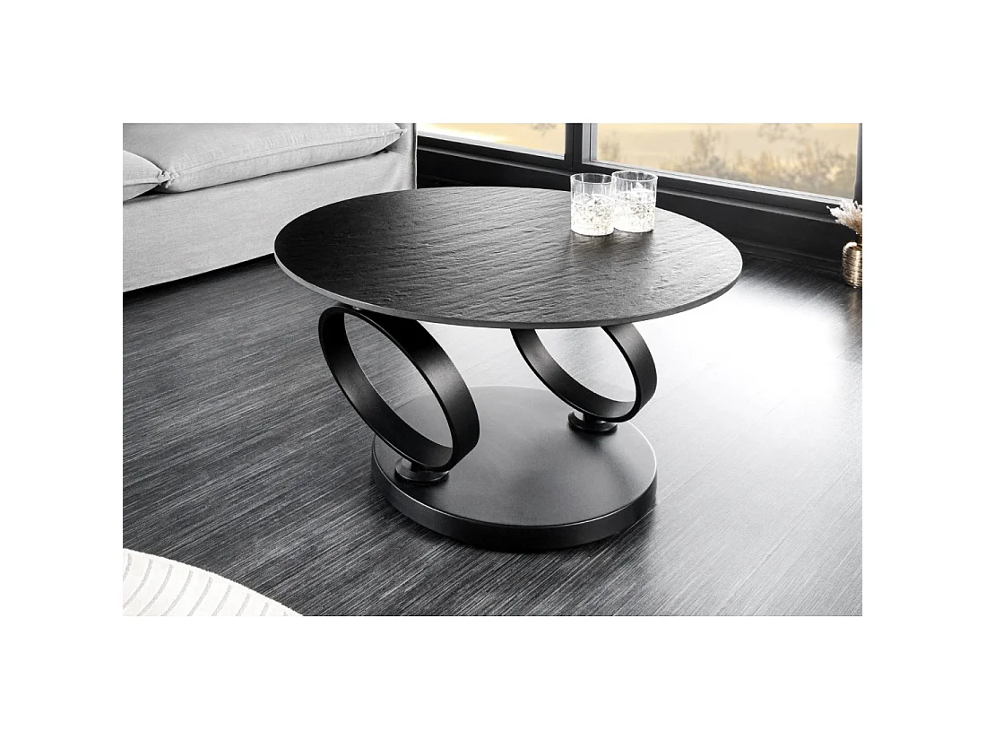 Table basse SOLYNE design 134 cm avec plateaux rotatifs noir texturé et gris effet pierre