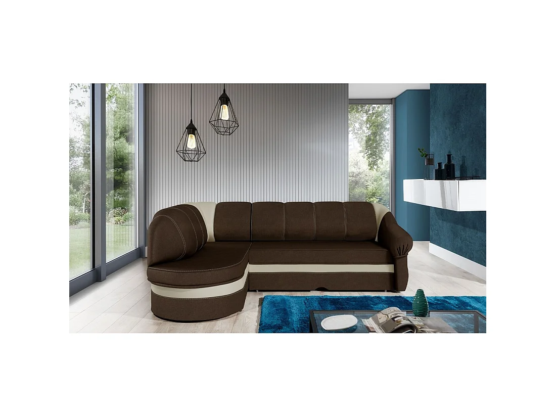 Canapé d'angle gauche convertible BENANA 250 cm marron et crème avec coffre