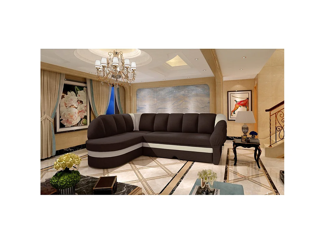 Canapé d'angle gauche convertible BENANA 250 cm marron et crème avec coffre