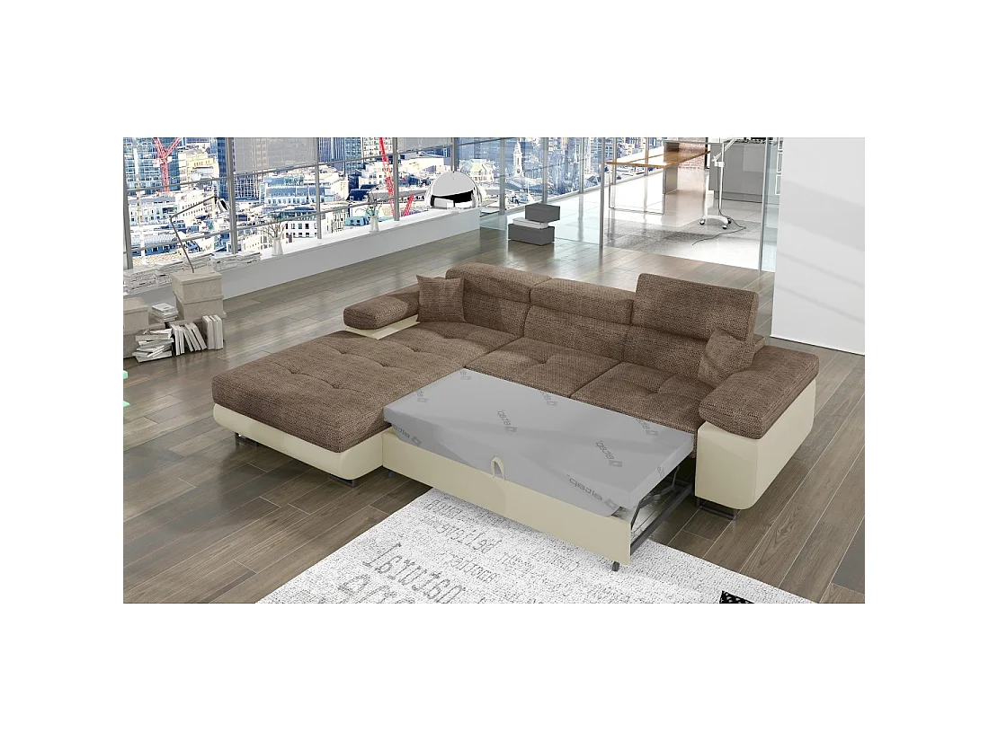 Canapé d'angle convertible AMANDA beige et crème en tissu grosse maille