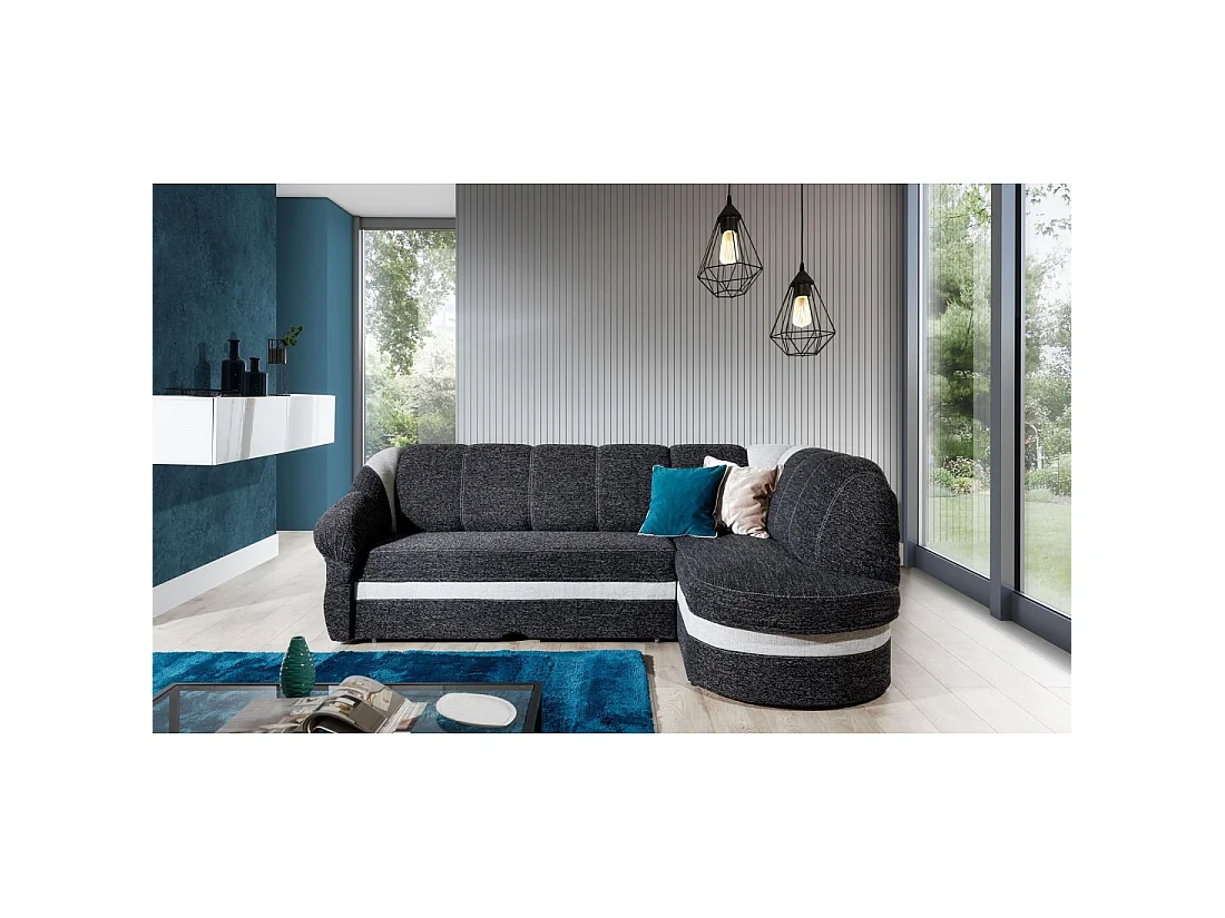 Canapé d'angle droit convertible BENANA 250 cm noir et blanc avec coffre