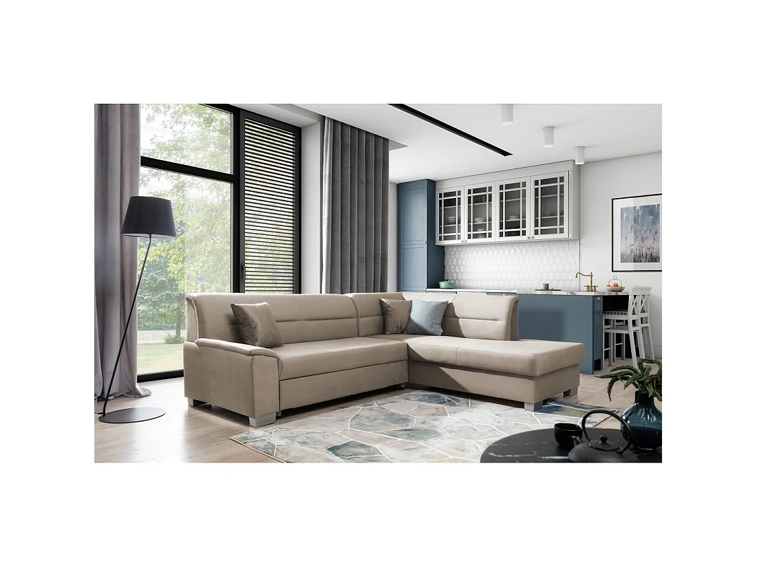 Canapé d'angle convertible TROMSO marron clair effet velours – Angle droit avec coffre