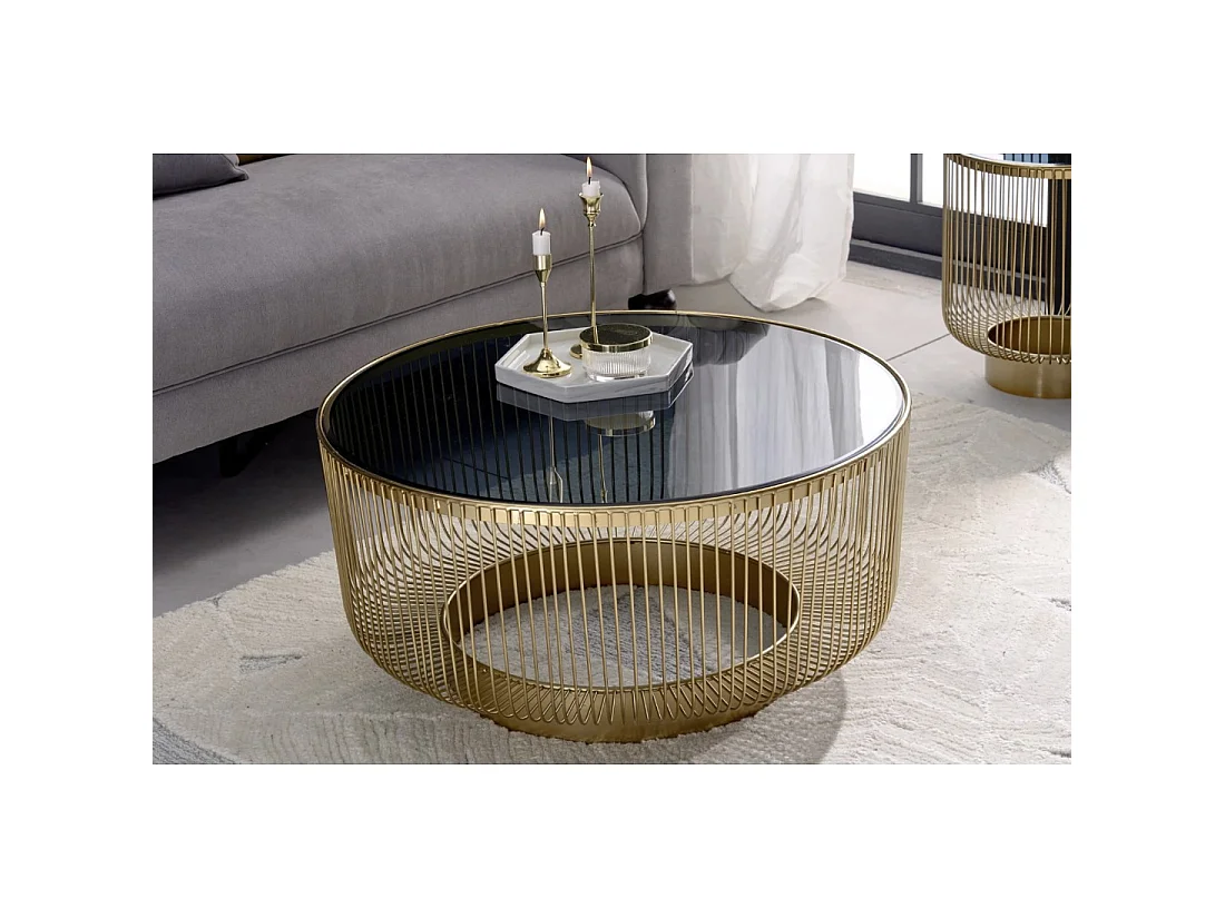 Mesa baja redonda LINEOR 79 cm dorada con tablero de vidrio templado