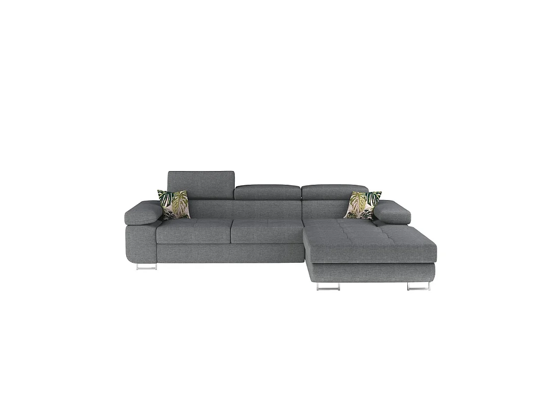 Canapé d'angle convertible AMANDA gris chiné – Tissu effet lin et appuie-têtes réglables