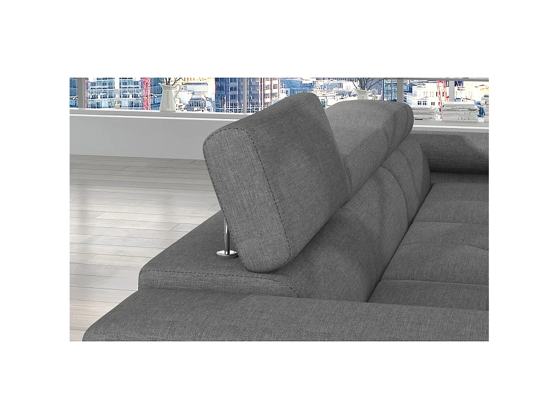 Canapé d'angle convertible AMANDA gris chiné – Tissu effet lin et appuie-têtes réglables