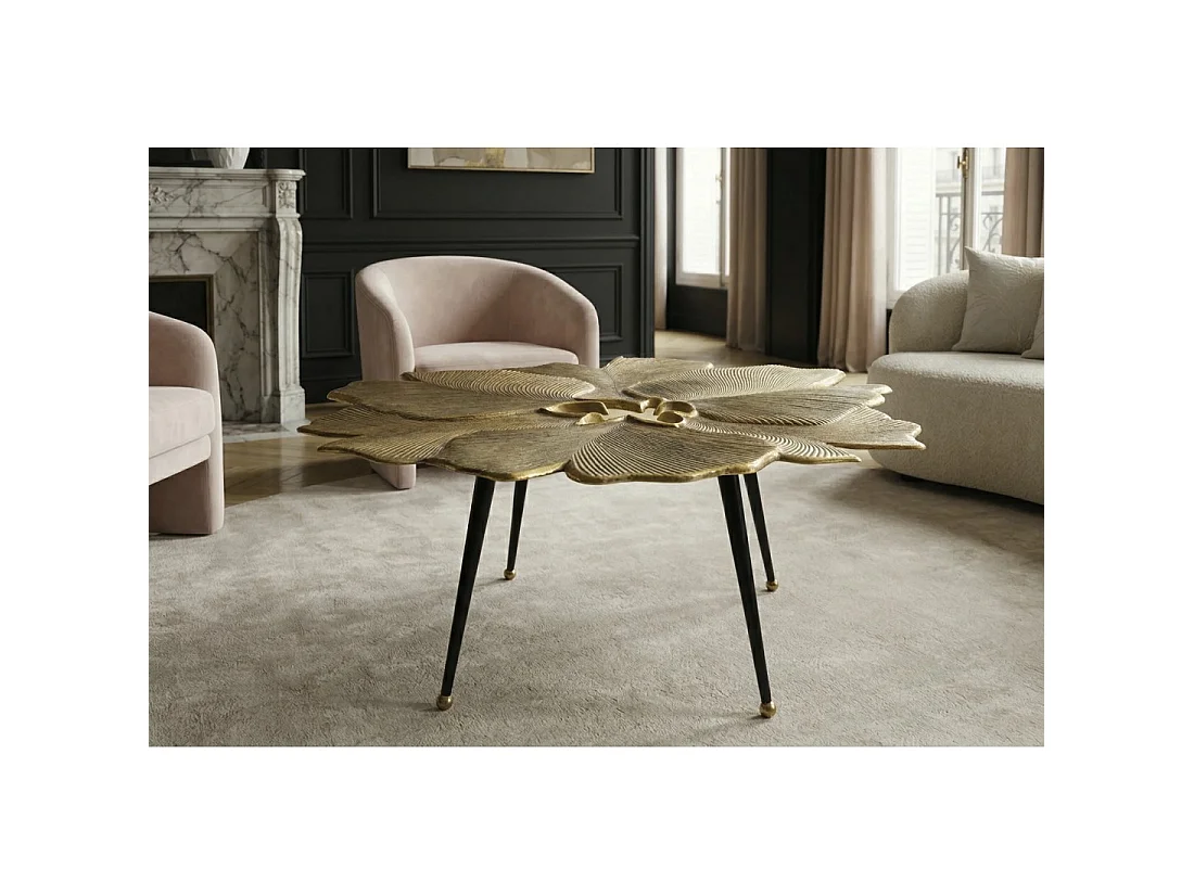 Mesa baja LOTUSIA dorada 95 cm en aluminio con tablero en forma de flor diseño