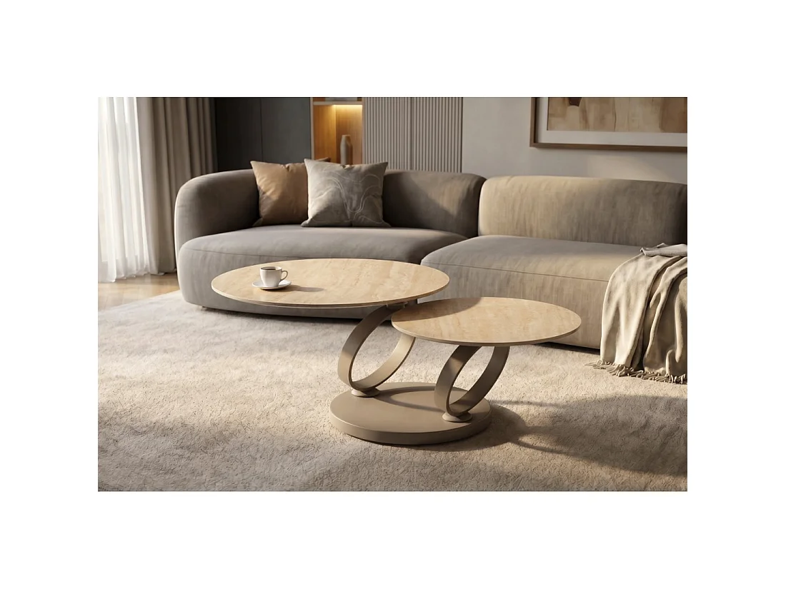 Mesa baja SOLYNE 135 cm beige efecto travertino con tableros rotativos y estructura taupe