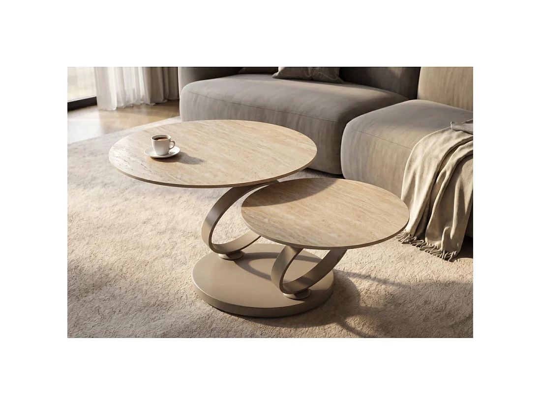 Mesa baja SOLYNE 135 cm beige efecto travertino con tableros rotativos y estructura taupe