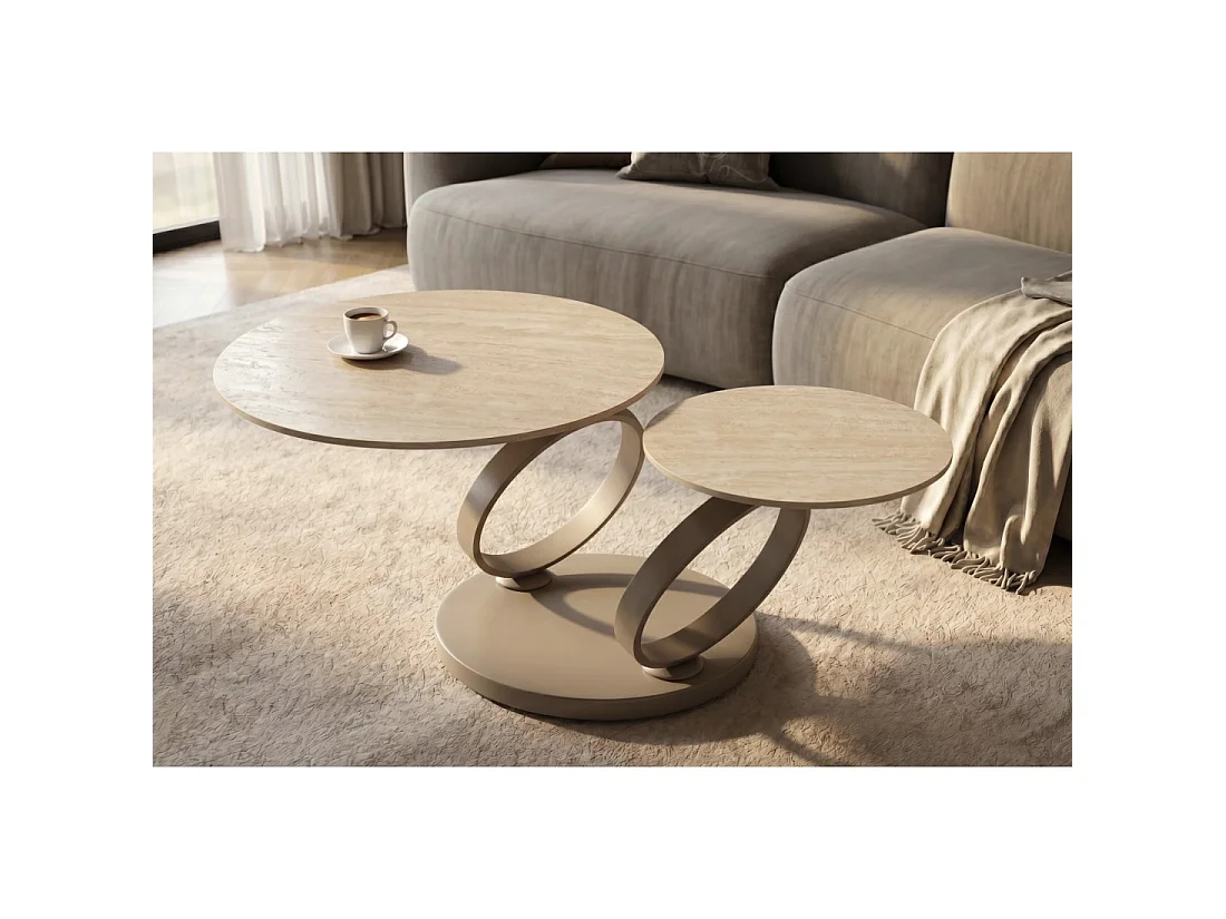 Mesa baja SOLYNE 135 cm beige efecto travertino con tableros rotativos y estructura taupe