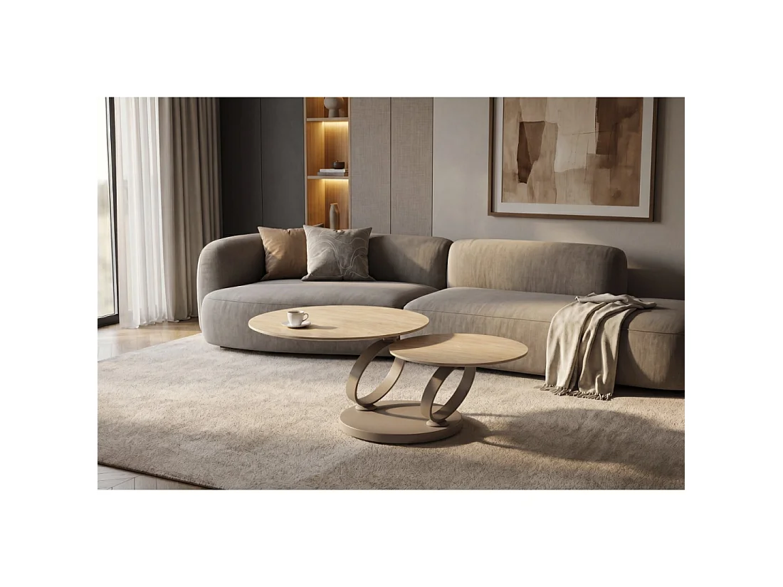 Mesa baja SOLYNE 135 cm beige efecto travertino con tableros rotativos y estructura taupe