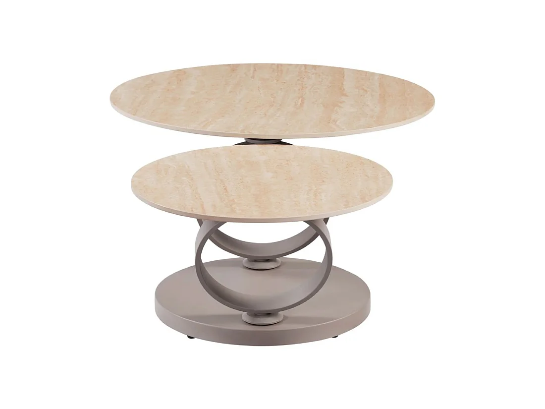 Mesa baja SOLYNE 135 cm beige efecto travertino con tableros rotativos y estructura taupe