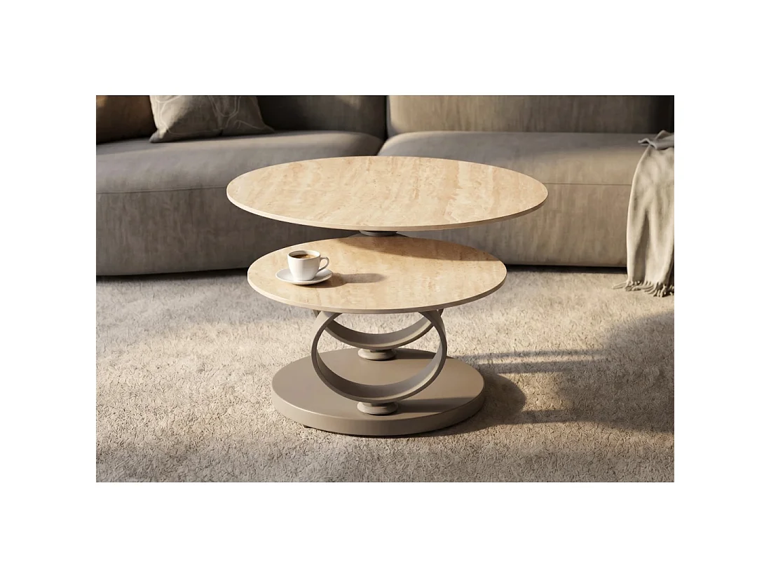 Mesa baja SOLYNE 135 cm beige efecto travertino con tableros rotativos y estructura taupe