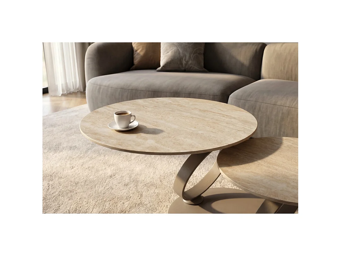 Mesa baja SOLYNE 135 cm beige efecto travertino con tableros rotativos y estructura taupe