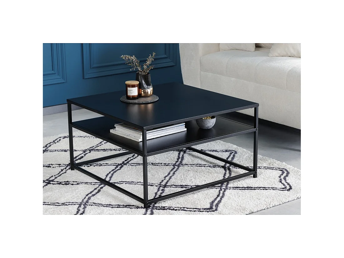 Mesa baja KORUM cuadrada 70 cm negra de acero con estante de almacenamiento