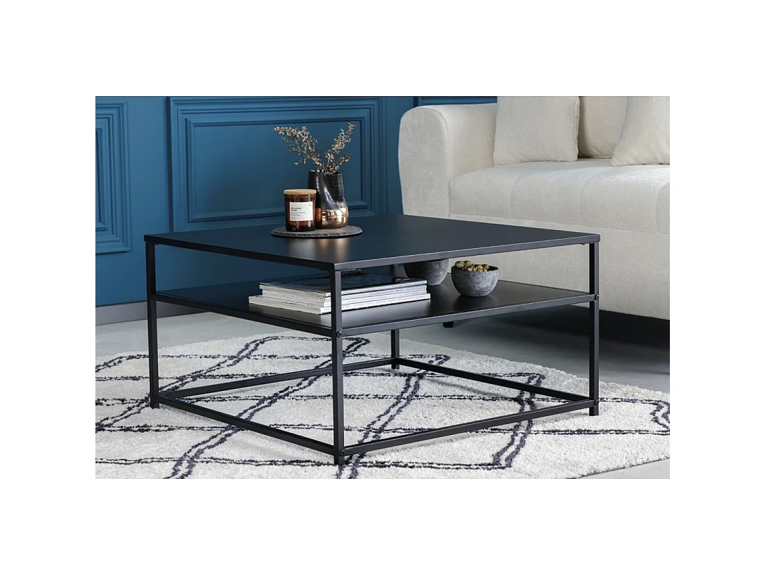 Mesa baja KORUM cuadrada 70 cm negra de acero con estante de almacenamiento