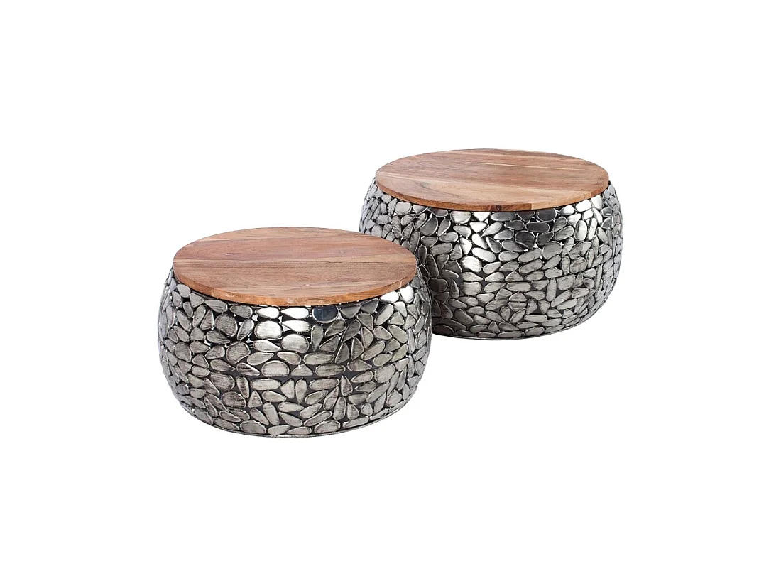 Mesas nido GALEA de madera maciza de mango y aluminio plateado – Motivo decorativo de guijarros