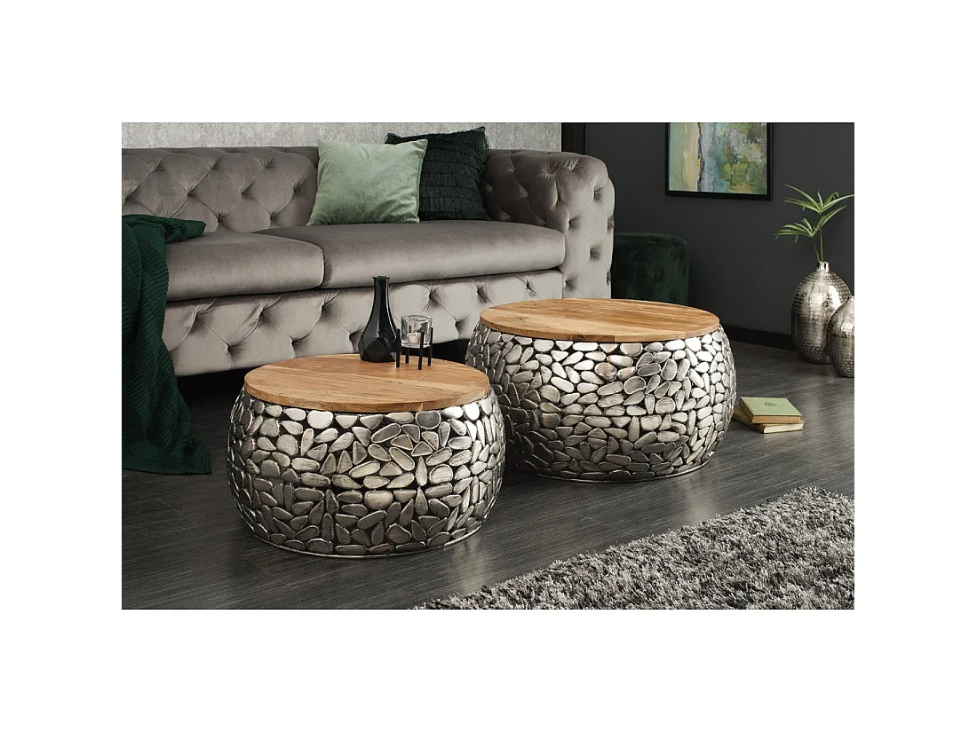Mesas nido GALEA de madera maciza de mango y aluminio plateado – Motivo decorativo de guijarros