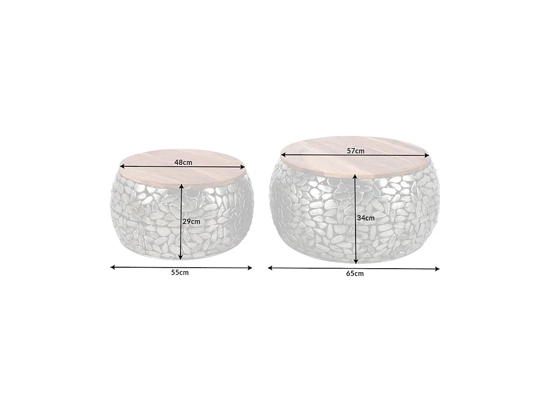 Mesas nido GALEA de madera maciza de mango y aluminio plateado – Motivo decorativo de guijarros