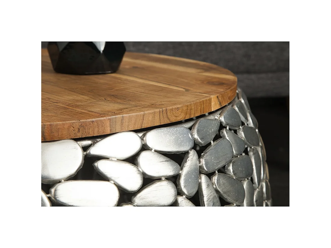 Mesas nido GALEA de madera maciza de mango y aluminio plateado – Motivo decorativo de guijarros