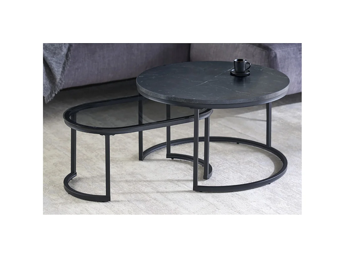 Tables basses gigognes VELTO noires effet marbre avec plateau en verre trempé