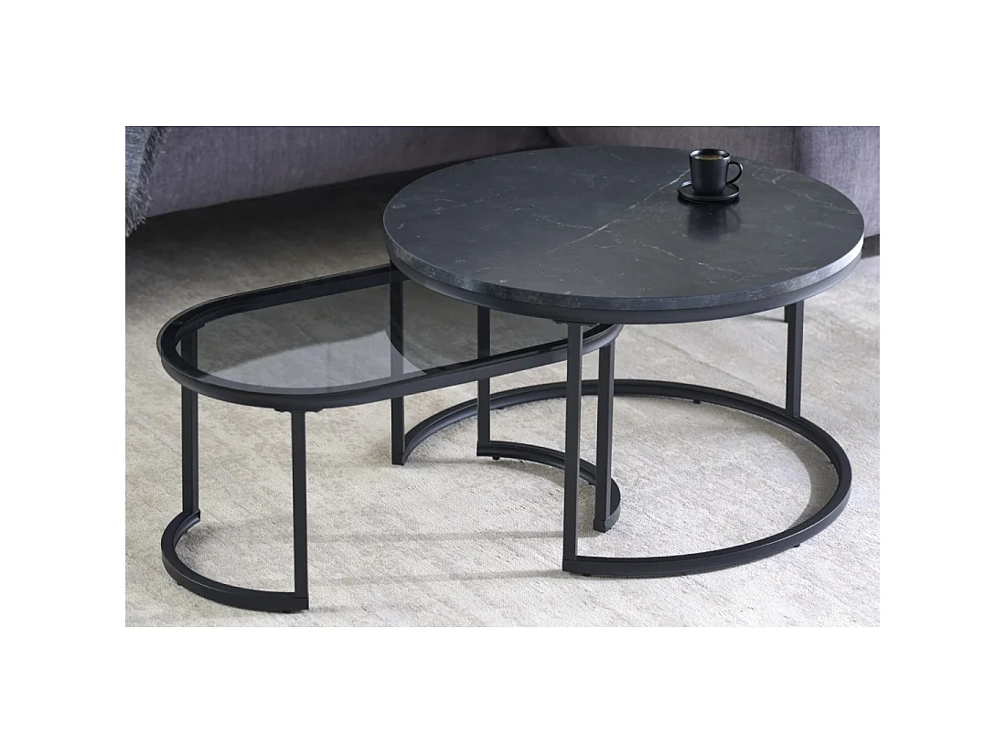 Tables basses gigognes VELTO noires effet marbre avec plateau en verre trempé