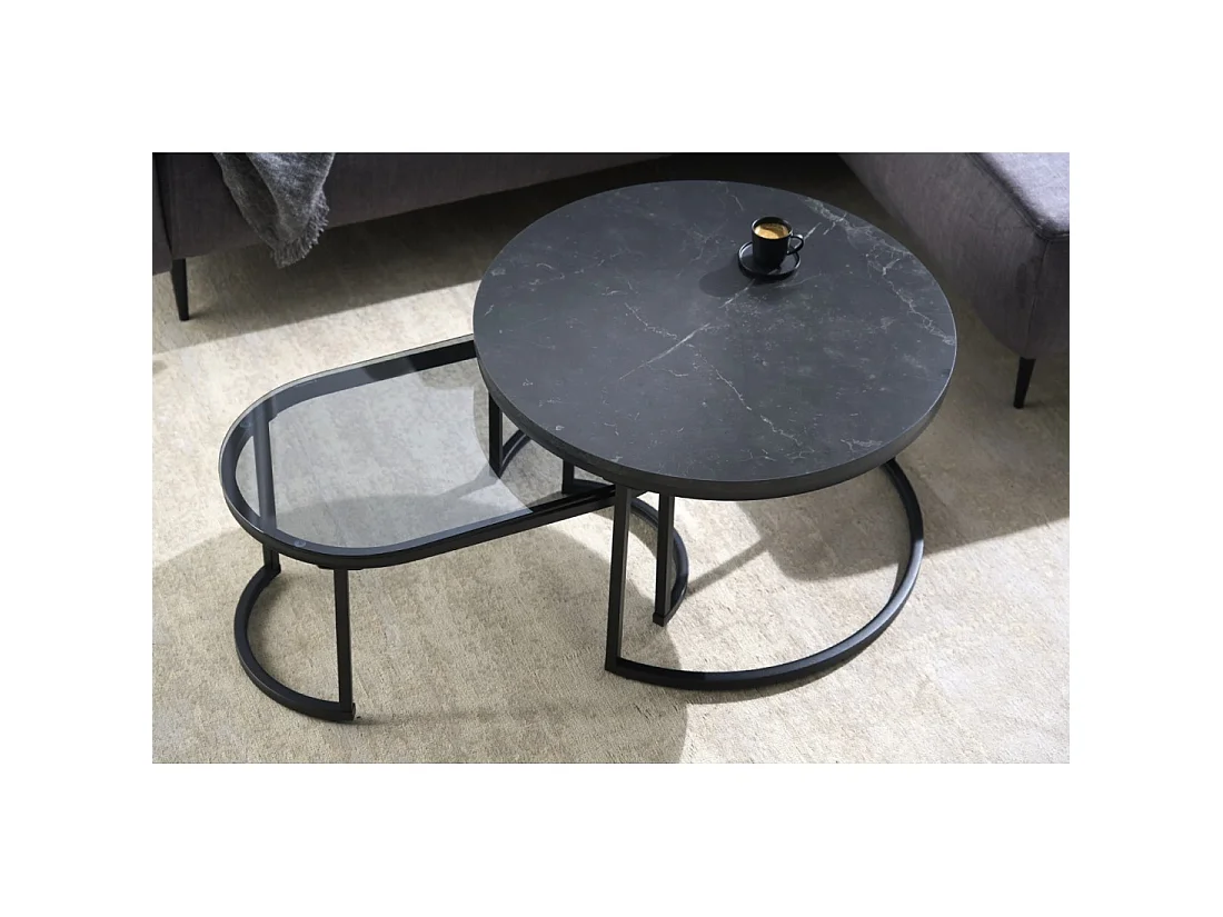 Tables basses gigognes VELTO noires effet marbre avec plateau en verre trempé