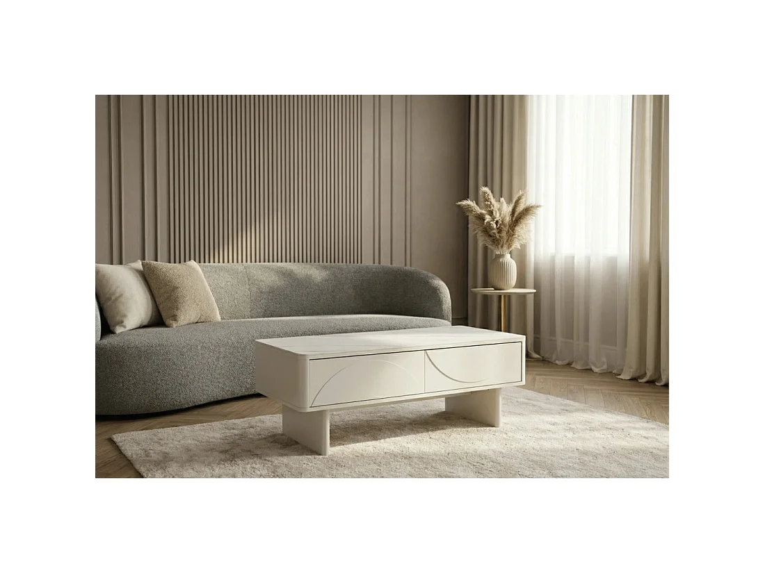 Mesa baja chic MIYA 120 cm – Tapa de cerámica efecto mármol blanco y 2 cajones