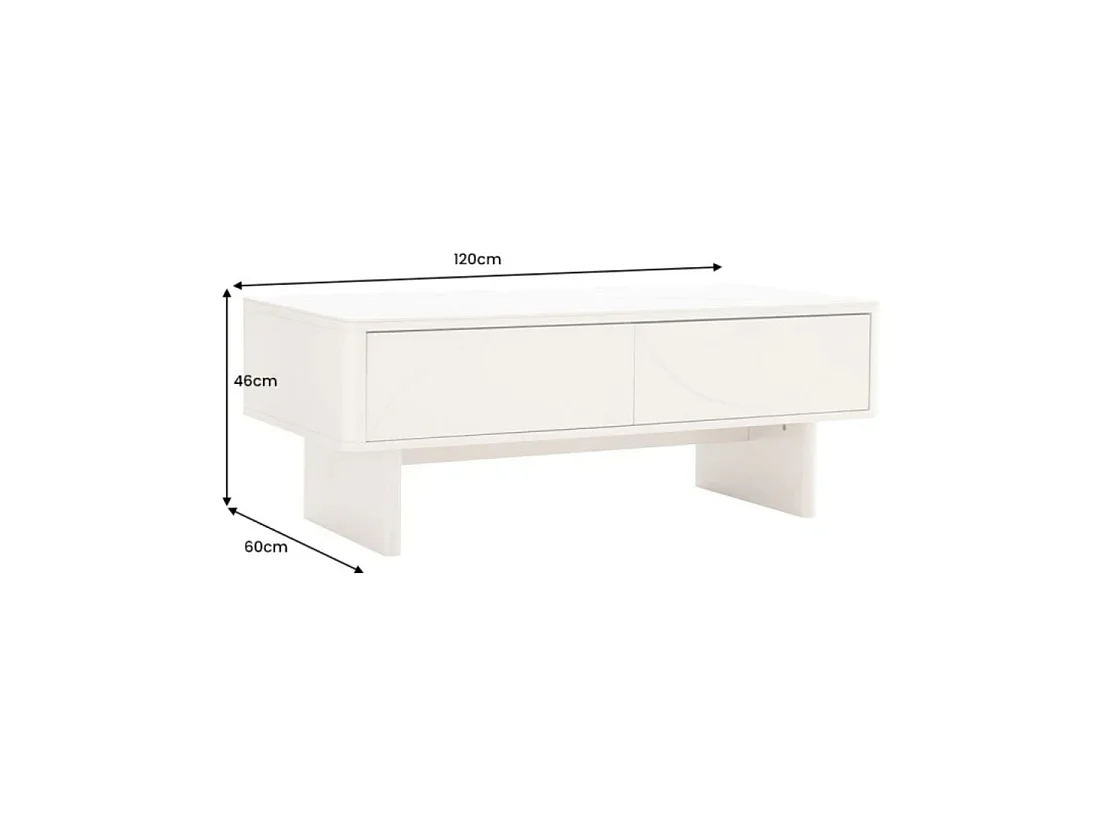 Mesa baja chic MIYA 120 cm – Tapa de cerámica efecto mármol blanco y 2 cajones